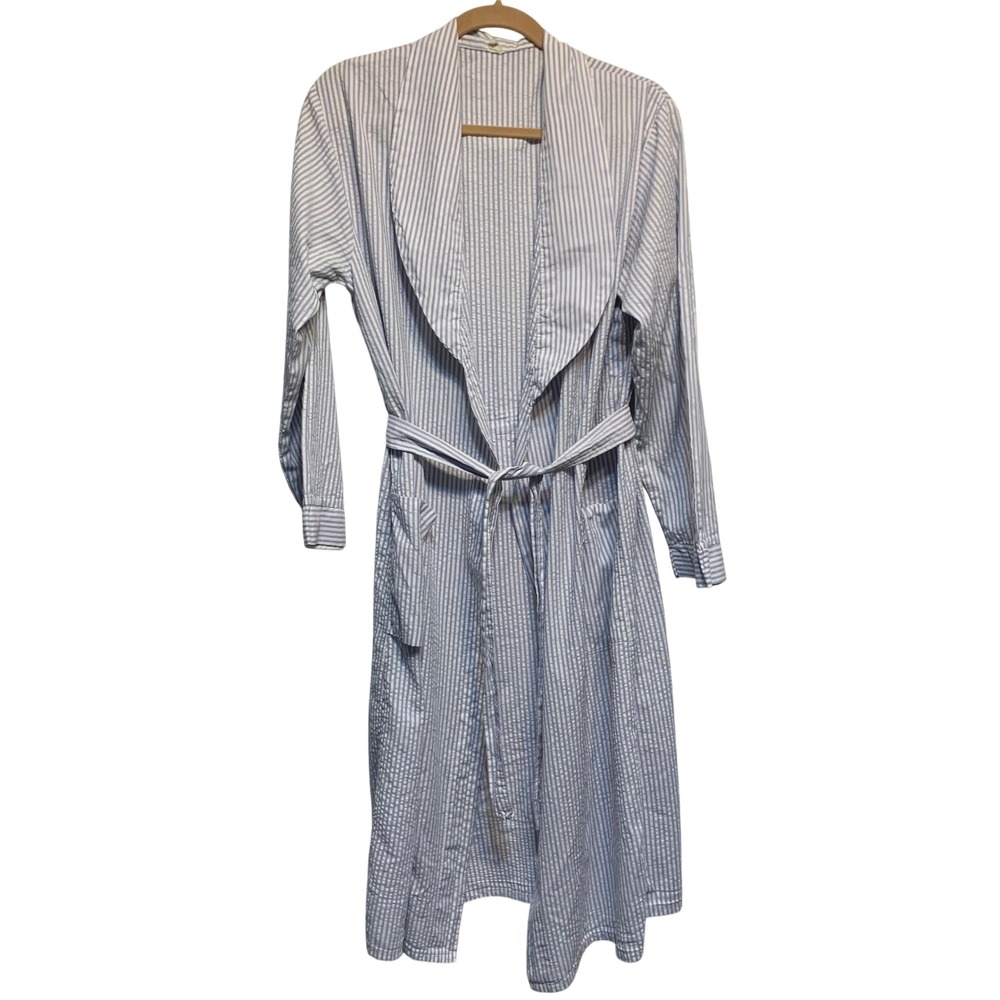 Vintage Seersucker Robe Blue White Stripe Grandacore Spa Retro Coastal Belted